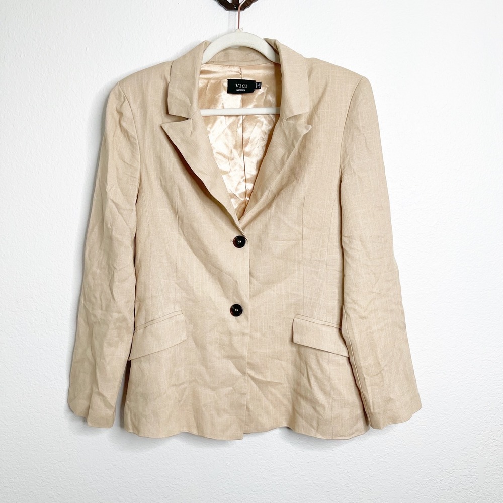 Vici Womens Taupe Neutral Linen Blend Two Button Blazer Jacket Medium